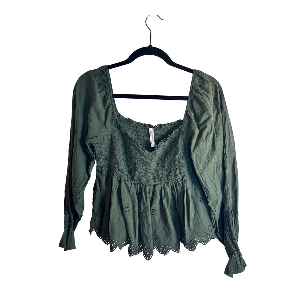 American Eagle Smocked Eyelet Blouse M Olive Peplum Long Sleeve Womens